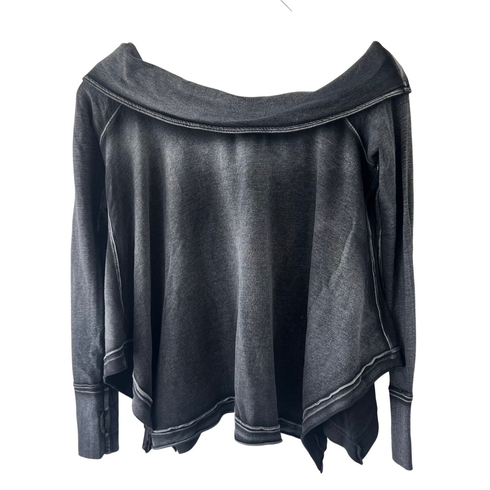 Free People Washed Black Off Shoulder Sharkbite Raw Hem Top Boho Grunge M